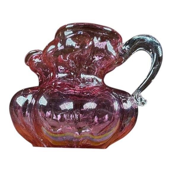 Vntg Cranberry Art Glass Pitcher Vase Clear Handle Vessel Decanter Carafe Flask - Picture 7 of 7